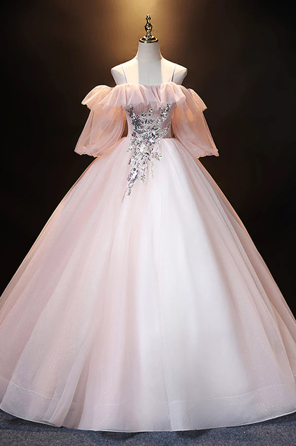 Wholesale A-Line Pink Spaghetti Straps Long Prom Dress Pink Lace Formal Evening Dress